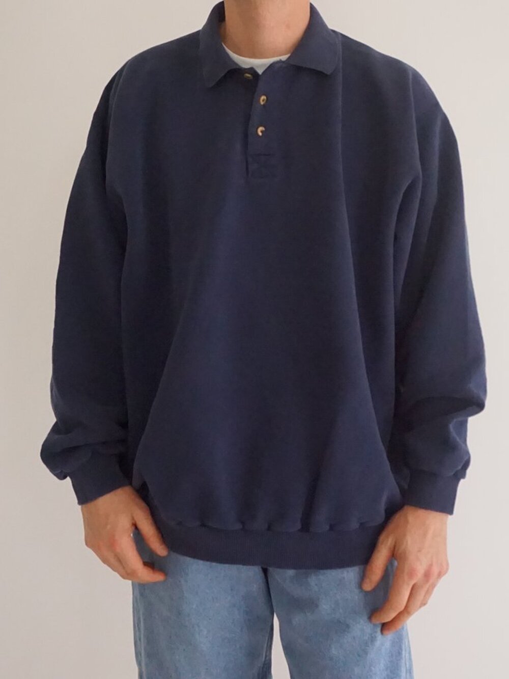 Vintage Non Fiction Navy Long Sleeve Cotton Rugby Polo Sweatshirt Pullover XL